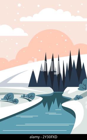 Ruhiger Winter Fluss Landschaft Vektor Stock Vektor
