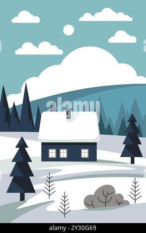 Gemütliche Hütte in verschneiten Feldern Stock Vektor