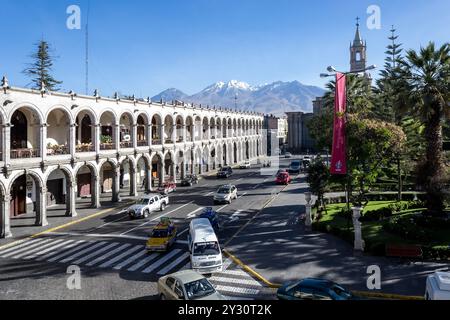 Detail der Plaza de Armas (Hauptplatz) in der Stadt Arequipa, Provinz Arequipa, Peru. Stockfoto