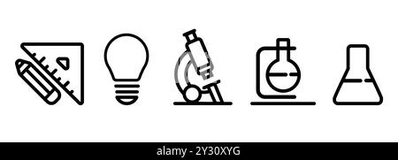 Linie Umriss Symbol Satz der Wissenschaft Idee Thema der Mathematik Chemie Mikrobiologie symbolisieren mit Kolben Becher Mikroskop Bleistift und Lineal Stock Vektor