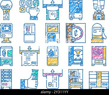 Verkaufsausrüstung für Verkaufsautomaten, Symbol handgezeichnet Stock Vektor