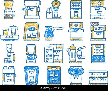 Kaffeemaschine Barista Ausrüstung Symbol handgezeichnet Stock Vektor
