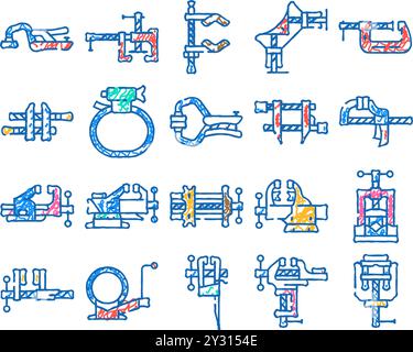 Klemm-Schraubstock, Griffwerkzeug, Metallsymbol, handgezeichnet Stock Vektor