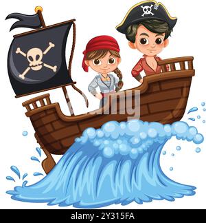 Zwei Kinder auf einem Piratenschiff Stock Vektor