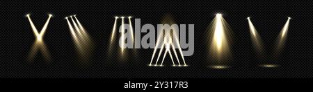 Spotlight Strahl für den Tisch. Lampenstrahleffekt-Vektor für Studio. Disco-Punktdesign mit Projektor. Abstrakte goldene Theaterbeleuchtung und Bodenprojektion für Werbeillustration. Nächtliches Podium Stock Vektor