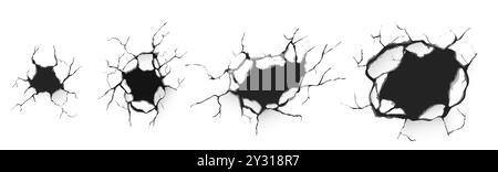Gebrochene Betonwand oder gebrochener Boden. Realistischer 3D-Vektorsatz von Rissen und Löchern unterschiedlicher Größe in Bruchsteinoberfläche. Alt oder durch Erdbeben beschädigt. Zerstörungseffekt bei Fissur und Fraktur. Stock Vektor