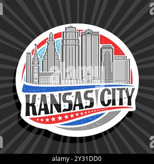 Vektor-Logo für Kansas City, weißes dekoratives Etikett mit Illustration der städtischen missouri Stadtlandschaft auf Tageshimmel Hintergrund, Kunstdesign Kühlschrank Magn Stock Vektor