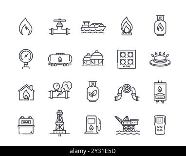 Satz von Symbolen für die Erdgasleitung. Einfache Symbole mit Gasleitung, Gusseisenbrennern, Kraftstofftanks und Tankstelle. Bearbeitbare Kontur. Konturvektor Stock Vektor