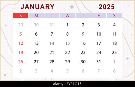 Monatskalender Januar 2025. Niedliche Kalendervorlage. Sonntag beginnt. Vektordesign Stock Vektor