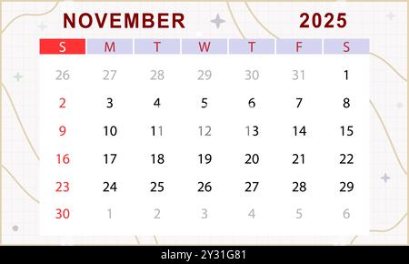 Monatskalender November 2025. Niedliche Kalendervorlage. Sonntag beginnt. Vektordesign Stock Vektor