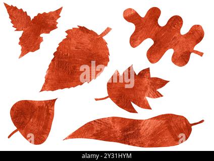 Set von Herbstblättern in verschiedenen Formen. Zeichnen mit Farbstiften. Konturstruktur. Verschiedene Brauntöne. Weißer Hintergrund. Blätter ab Stockfoto