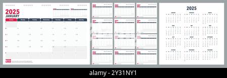 Kalender Planner 2025 in englischer Sprache. Wochenbeginn Sundey, Vorlage für Corporate Design Planer. Stock Vektor