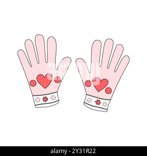 Ein Paar Handschuhe im Cartoon-Stil mit Herzsymbolen und rosa Details, ideal für Motive im Winter und Valentinstag... Stock Vektor