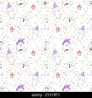 Hand gezeichnetes Aquarell halloween Geister nahtloses Muster isoliert auf weißem Hintergrund. Kann für Textilien, Stoff, Scrapbook und andere gedruckte Profis verwendet werden Stockfoto