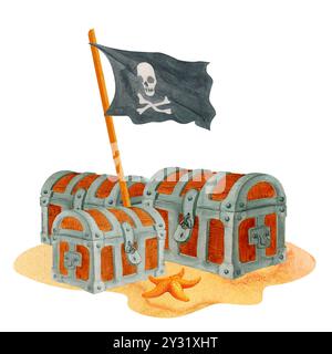 Geschlossene Schatzkisten unter schwarzer Piratenflagge an der Sandküste. Isolierte Aquarellkomposition alter Truhen zur Dekoration und Gestaltung im Piratenstil Stockfoto