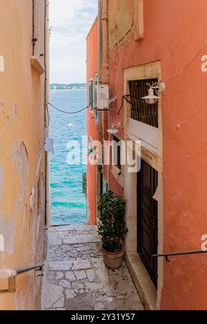 Eine malerische Gasse in Rovinj, Kroatien, bietet leuchtende orangene Wände und einen Blick auf türkisfarbenes Wasser. Üppiges Grün schmückt den Eingang, einladend Stockfoto