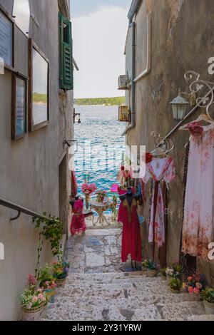 Rovinj Kroatien 27. August 2024 schlängelt sich die malerische Gasse in Rovinj hinunter, und pulsierende Kleidungsstücke wiegen sanft im Wind, umgeben von üppigen Blumen und Stockfoto