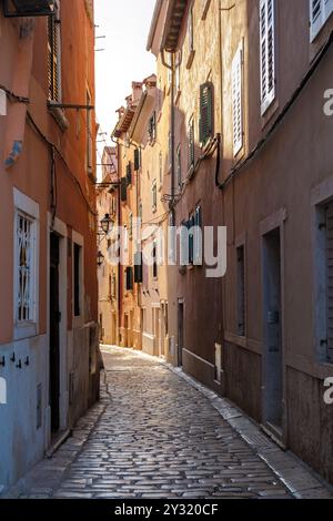 Bei einem Spaziergang durch eine enge Kopfsteinpflasterallee in Rovinj, Kroatien, taucht das Sonnenlicht die pulsierenden Gebäude in warmen Farbtönen und schafft eine friedliche und einladende Atmosphäre Stockfoto