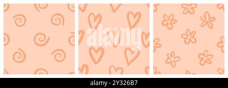 Naives, verspieltes, nahtloses Muster mit Doodle Hearts, Daisy und Squiggle. Moderne, minimalistische, trendige Hintergründe für Kinder in Naturtönen. Trendiger Boho-Stil auf pfirsichfarbenem Hintergrund. Stock Vektor