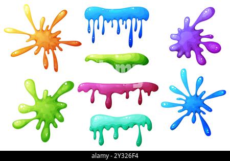 Farbenfroher tropfender Schleim im Zeichentrick. Schleimspritzer und Flüssigkeitstropfen. Giftiges Spritzen, klebriges schleimiges Element. Vektorillustration isoliert auf weiß Stock Vektor