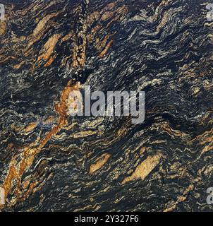 Nahaufnahme Muster aus nahtlosem Magma-Gold-Marmor. Oder ein ähnliches Muster aus natürlichem Granit des Schwarzen Stiers. Nahtlose Textur Stockfoto