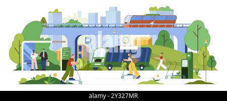 Nachhaltiges Verkehrskonzept. Wohnmobile nutzen Elektrobusse, umweltfreundliche oder umweltfreundliche öffentliche Verkehrsmittel. Charaktere mieten Kick-Scooter, gehen zu Fuß und führen einen aktiven Lebensstil in der modernen Stadt. Stock Vektor