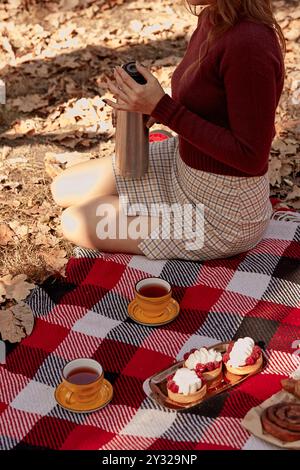 Frau, die eine Thermoskanne hält. Picknickideen im Park mit Torten, Tee auf dem Karo. Gemütliches Herbstfrühstück. Stockfoto