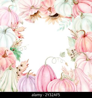 Rahmen. Kürbisse, Blumen und Blätter Grenzen. Aquarellabbildung auf weißem Hintergrund. Die Zeichnung ist handgezeichnet. Geeignet für Karten, Einladungen und Textilien Stockfoto