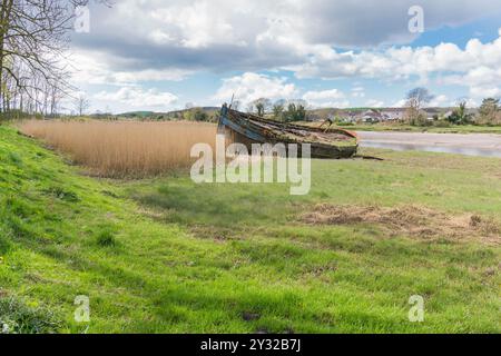 Der verfallene Rumpf des Wellspring, ein altes Scallop-Fischerboot, das jetzt am Fluss Dee verrotten wird. Kirkcudbright Schottland Vereinigtes Königreich. April 2024 Stockfoto