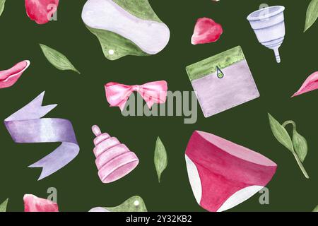 Wiederverwendbares Periode Pad, Tassen, Pantie Aquarell nahtloses Muster auf grünem Hintergrund. Perfekt für Menstruationspflege, Werbung, Verpackung, Karten Stockfoto