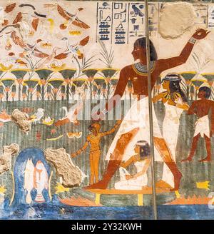 Luxor in Ägypten, Tal der Adligen, Grab von Nakht. Eine berühmte Szene, Angeln in den Sümpfen. Stockfoto