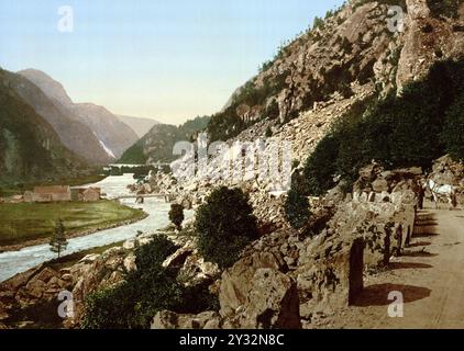 Auf der Straße von Laatefos nach Odde, Latefoss nach Odda, Hardangerfjord, Norwegen, Ansicht aus 1885, historisch, digital restaurierte Reproduktion von einer Vorlage aus dem 19. Jahrhundert, Datum nicht angegeben Stockfoto