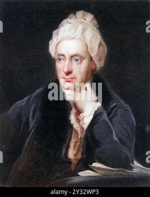 William Cowper (1731–1800) englischer Dichter, geboren in Great Berkhamstead, Hertfordshire, und wohnhaft in Olney, Buckinghamshire. Er war ein Dichter der evangelischen Erweckungsbewegung und der Natur. Zusammen mit John Newton, dem Vikar in Olney, veröffentlicht er die Olney Hymns (1779). Kupferstich., Historisch, digital restaurierte Reproduktion von einer Vorlage aus dem 19. Jahrhundert, Datum nicht angegeben Stockfoto