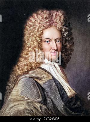 Daniel Defoe (1661?-1731) englischer Autor, Satiriker und Abenteurer. Heute bekannt für seine Romane Robinson Crusoe (1719), Journal of the Pest Year (1722) und Moll Flanders (1722). Kupferstich aus der Galerie der Porträts Vol. VII von Charles Knight (London, 1837)., Historisch, digital restaurierte Reproduktion von einer Vorlage aus dem 19. Jahrhundert, Datum nicht angegeben Stockfoto