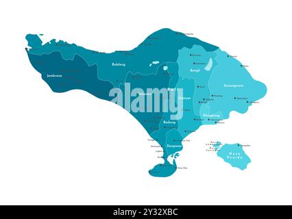 Vektor-isolierte Abbildung. Vereinfachte blaue Verwaltungskarte von Bali, Indonesien mit der nächsten Insel Nusa Penida. Weißer Hintergrund. Namen von Städten Stock Vektor