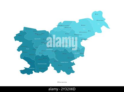 Vektor-isolierte Abbildung. Vereinfachte Verwaltungskarte Sloweniens. Blaue Formen von Bereichen. Namen von Städten Stock Vektor
