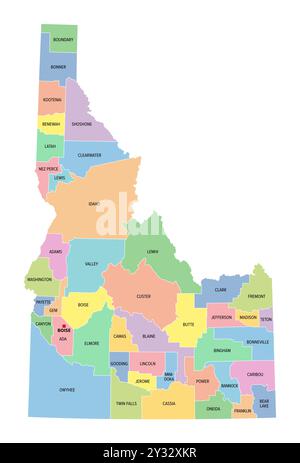 Idaho, US-Bundesstaat, unterteilt in 44 Countys, mehrfarbige politische Karte mit Hauptstadt Boise, Grenzen und County-Namen. Stockfoto