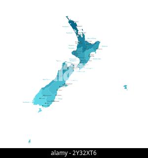 Vektor Moderne isolierte Illustration. Vereinfachte Verwaltungskarte von Neuseeland. Grenzen von Regionen. Namen von Städten und Provinzen. Weißer Hintergrund Stock Vektor