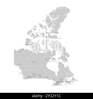 Moderne Vektor-Illustration. Vereinfachte, isolierte Verwaltungskarte Kanadas in grauen Farben. Weißer Hintergrund und Kontur. Namen der Städte Ottawa, Stock Vektor