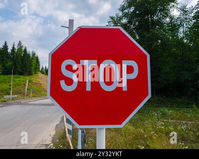 Hellrotes Stoppschild an einer Kreuzung, die tagsüber von Bäumen umgeben ist. Stockfoto