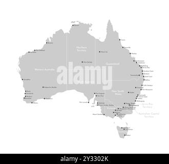 Moderne Vektor-Illustration. Vereinfachte Verwaltungskarte von Australien auf weißem Hintergrund. Namen australischer Städte, Grenzen von Regionen. Stock Vektor