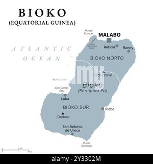 Bioko, Insel vor der Küste Afrikas, graue politische Karte. Historisch gesehen Fernando Po, der nördlichste Teil Äquatorialguineas mit der Hauptstadt Malabo. Stockfoto