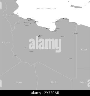 Moderne Vektor-Illustration. Vereinfachte Verwaltungskarte des Staates Libyen. Grenze zu den nächsten staaten Algerien, Ägypten, Sudan usw. Weißer Hintergrund o Stock Vektor