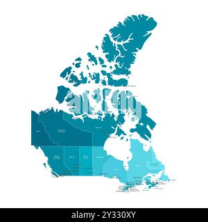 Moderne Vektor-Illustration. Vereinfachte, isolierte Verwaltungskarte Kanadas in blauen Farben. Weißer Hintergrund und Kontur. Namen der Städte Ottawa, Stock Vektor