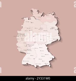 Vektor-isolierte Abbildung. Vereinfachte Verwaltungskarte Deutschlands. Beige Formen von Regionen. Namen deutscher Städte und Provinzen. Brauner Backgrou Stock Vektor