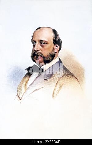 Henri d’Artois (vollständiger Name: Henri Charles Ferdinand Marie Dieudonné de Bourbon-Artois, Duc de Bordeaux, comte de Chambord; * 29. September 1820 im Palais des Tuileries, Paris; † 24. August 1883 auf Schloss Frohsdorf, Österreich) wurde nach der Abdankung des Großvaters Karl X. am 2. August 1830 von den französischen Legitimisten als Heinrich V. zum König von Frankreich ausgerufen, Historisch, digital restaurierte Reproduktion von einer Vorlage aus dem 19. Jahrhundert, Datum nicht angegeben Stockfoto