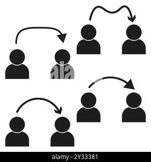 Schwarze Personensymbole mit Pfeilen. Soziale Verbindung – Illustration. Symbol für Vernetzung und Zusammenarbeit. Stock Vektor