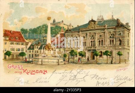 Alte Ansichtskarte aus Kulmbach mit Marktplatz und Plassenburg, um 1910, Oberfranken, Bayern, Deutschland, historische, digital restaurierte Reproduktion eines Originals aus der Zeit Stockfoto