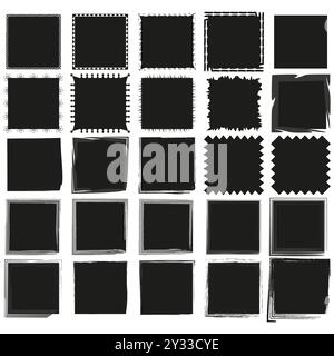 Abstraktes quadratisches Set. Grunge und geometrische Symbole. Scharfe schwarze Formen. Einzigartige quadratische Designs. Stock Vektor