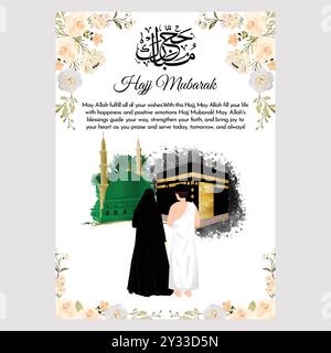 Hajj Paar Illustration, Umrah Paar Illustration, Hajj Mubarak Post, Islamische Post. Kaaba Mekka, Tawaf, hajj, umrah, muslimisches Paar, Mekka-Moschee. Stock Vektor